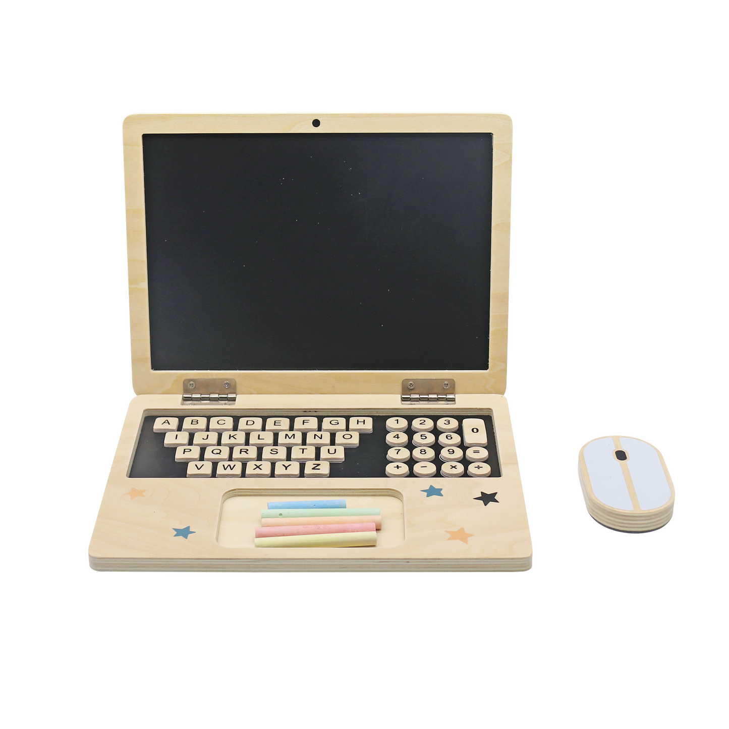 Wooden laptop toy set with keyboard magnetic buttons, chalks and duster mouse for endless fun and imaginative play!