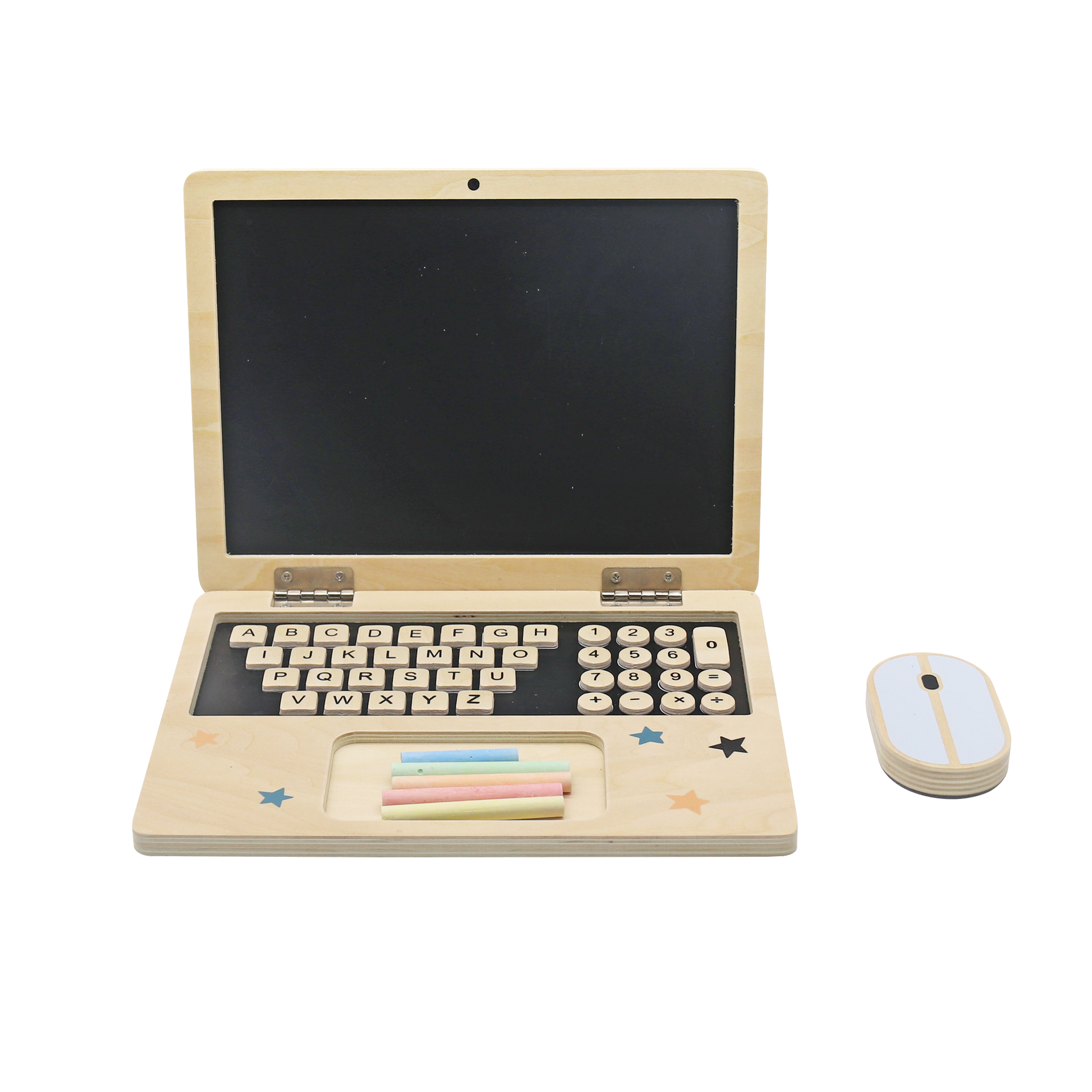 Wooden laptop toy set with keyboard magnetic buttons, chalks and duster mouse for endless fun and imaginative play!