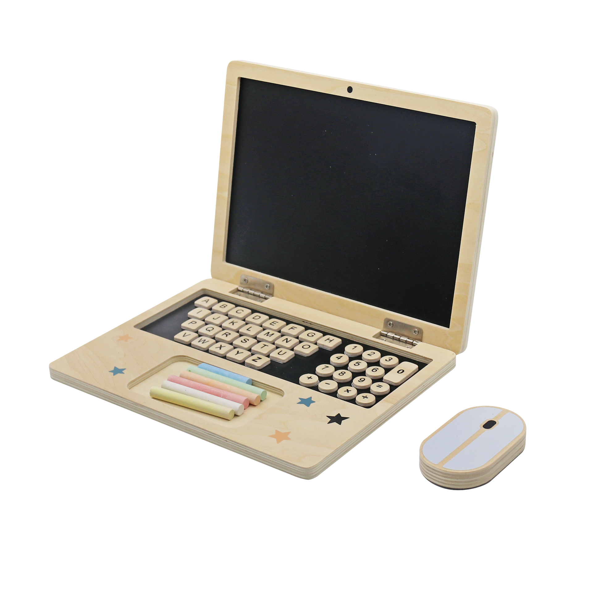 Wooden laptop toy set with keyboard magnetic buttons, chalks and duster mouse for endless fun and imaginative play!